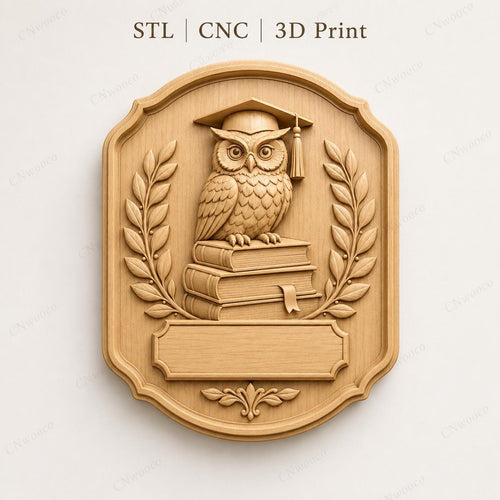 CNC & impression 3D relief hibou diplômé sur livres, plaque école graduation pour gravure bois, STL de haute qualité, à personnaliser