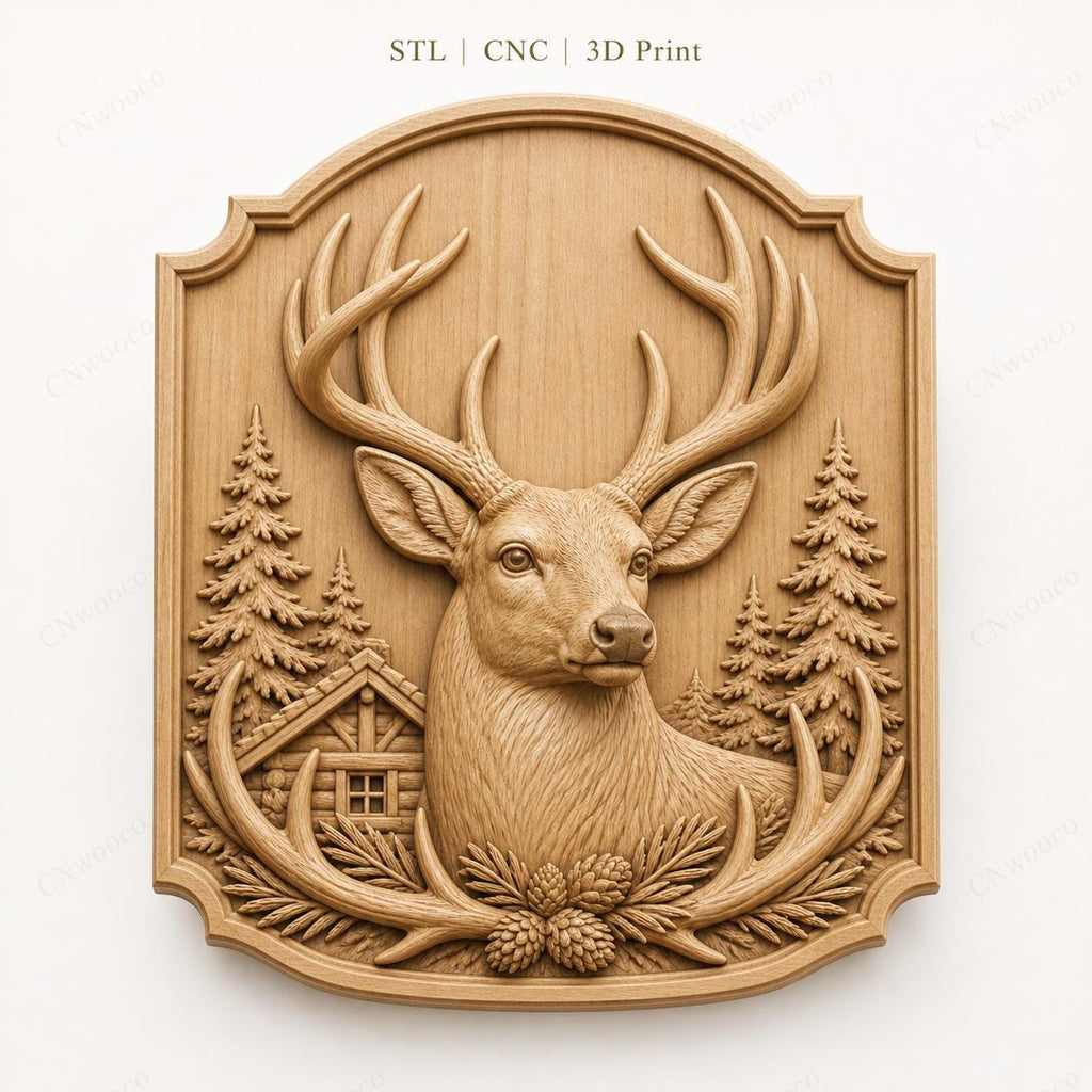 CNC- & 3D-Reliefdruck Hirschkopf im Wald, Jagd- und Hüttendekoration, STL-Datei sehr hoher Qualität