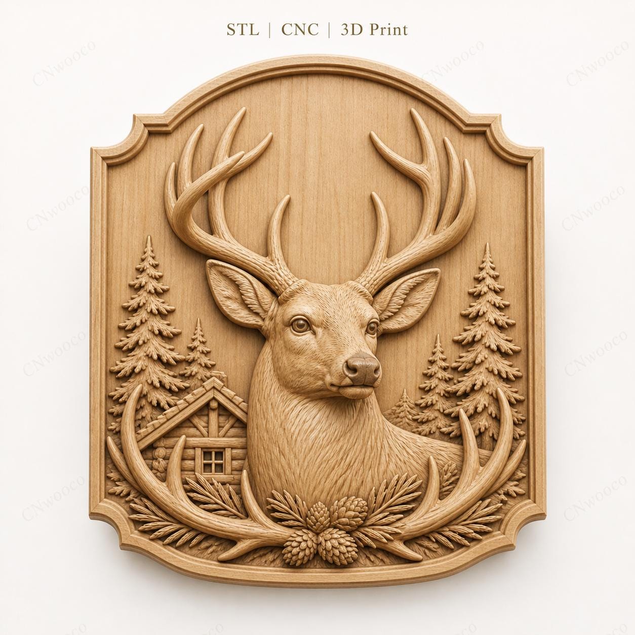 CNC- & 3D-Reliefdruck Hirschkopf im Wald, Jagd- und Hüttendekoration, STL-Datei sehr hoher Qualität