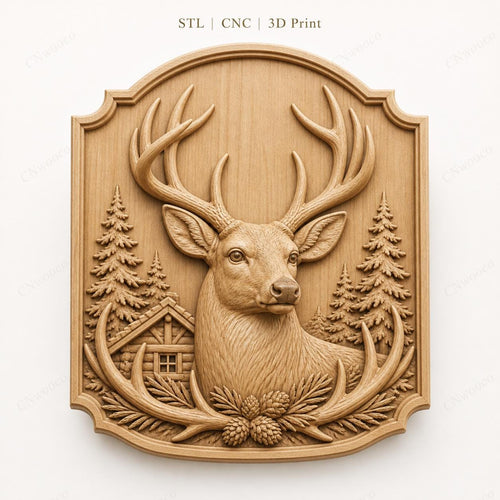 CNC & impression 3D relief tête de cerf en forêt, décor chasse et chalet, fichier STL très haute qualité