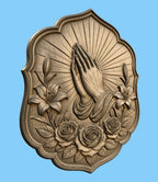 CNC & impression 3D mains en prière avec roses, relief religieux chrétien STL haute qualité pour sculpture bois