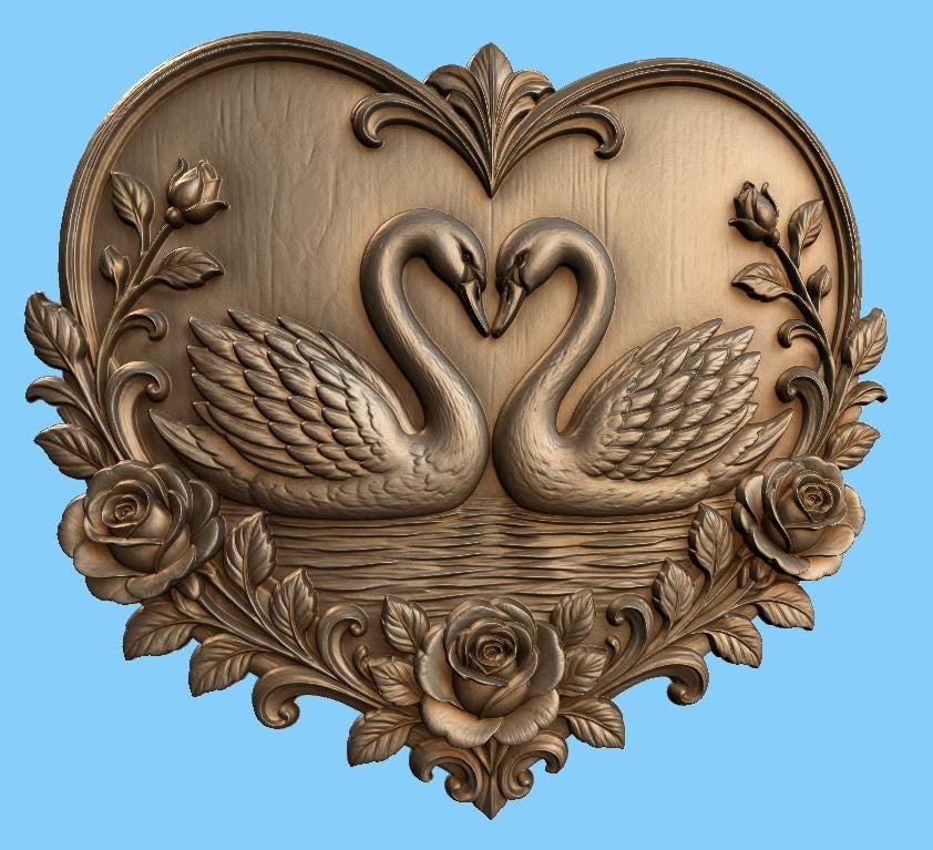 CNC & impression 3D cygnes amoureux dans cœur avec roses, fichier STL très haute qualité
