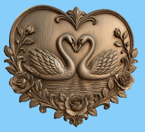 CNC & impression 3D cygnes amoureux dans cœur avec roses, fichier STL très haute qualité