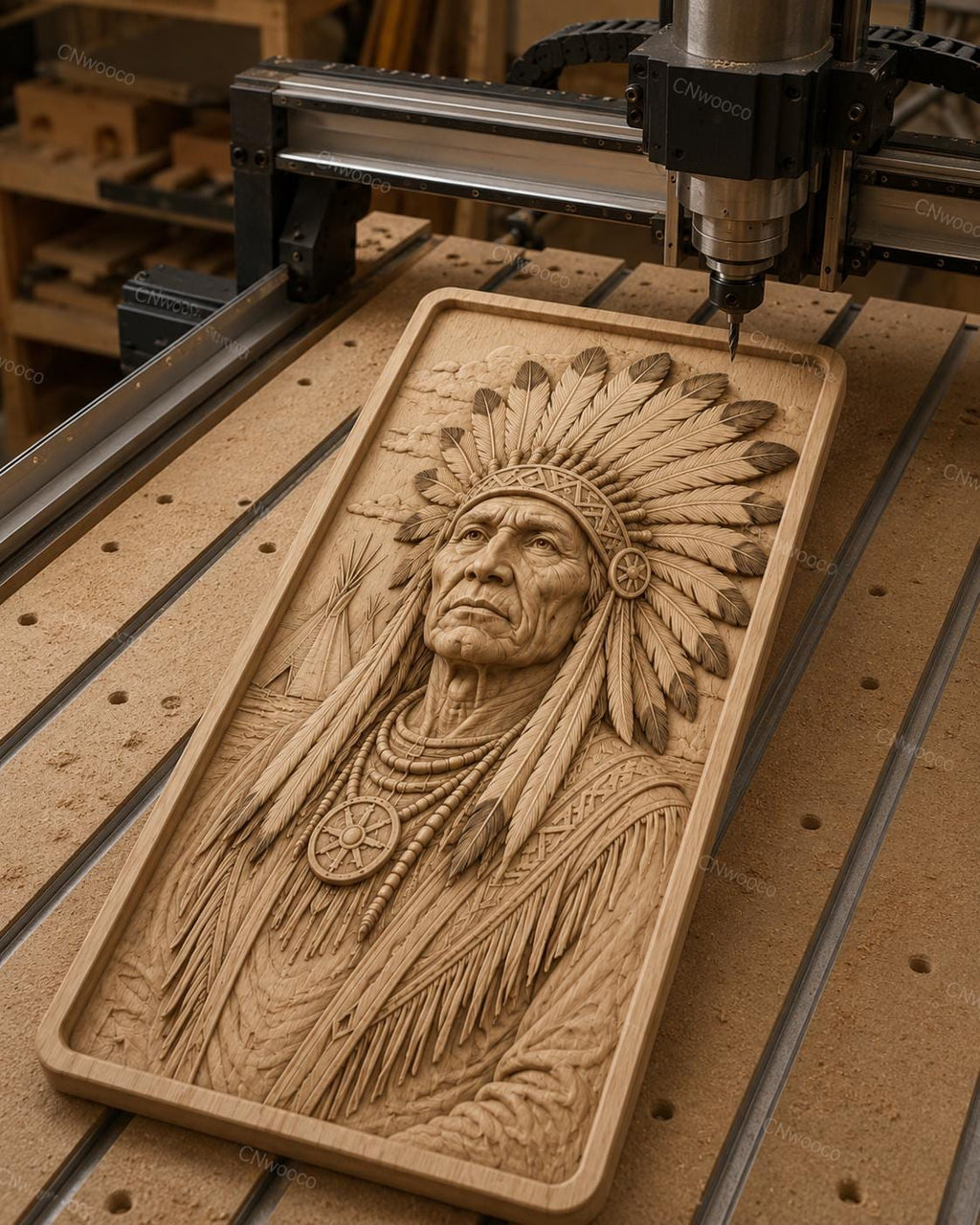CNC & impression 3D portrait amérindien avec coiffe à plumes, fichier STL très haute qualité