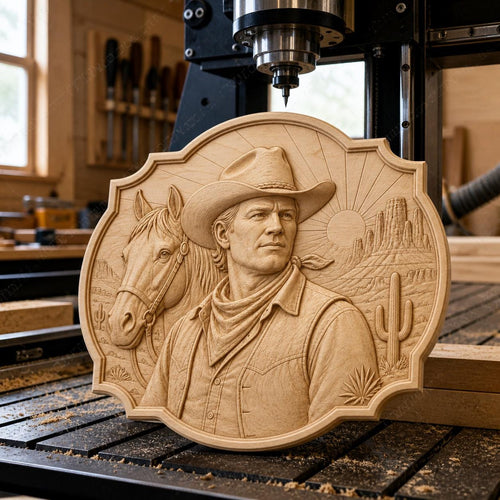 CNC & impression 3D cowboy avec cheval, STL haute qualité pour sculpture bois et décoration western