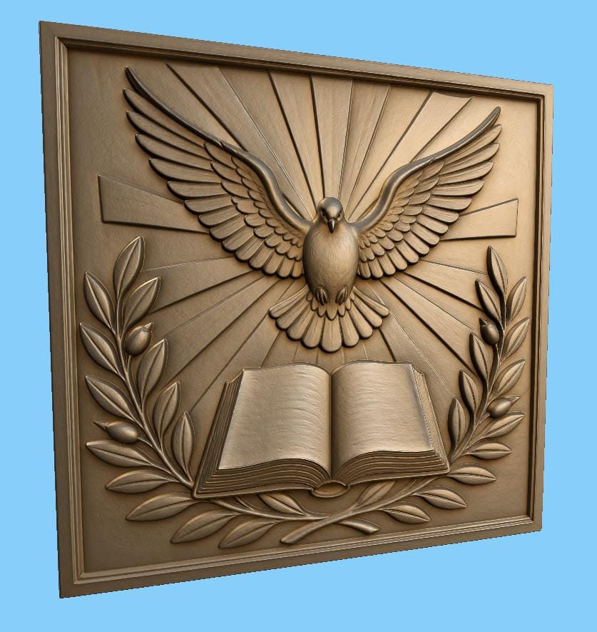 CNC & impression 3D relief colombe Saint-Esprit avec livre ouvert, fichier STL très haute qualité