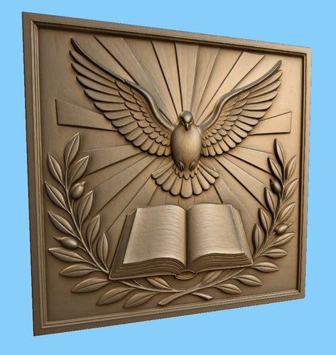 CNC & impression 3D relief colombe Saint-Esprit avec livre ouvert, fichier STL très haute qualité