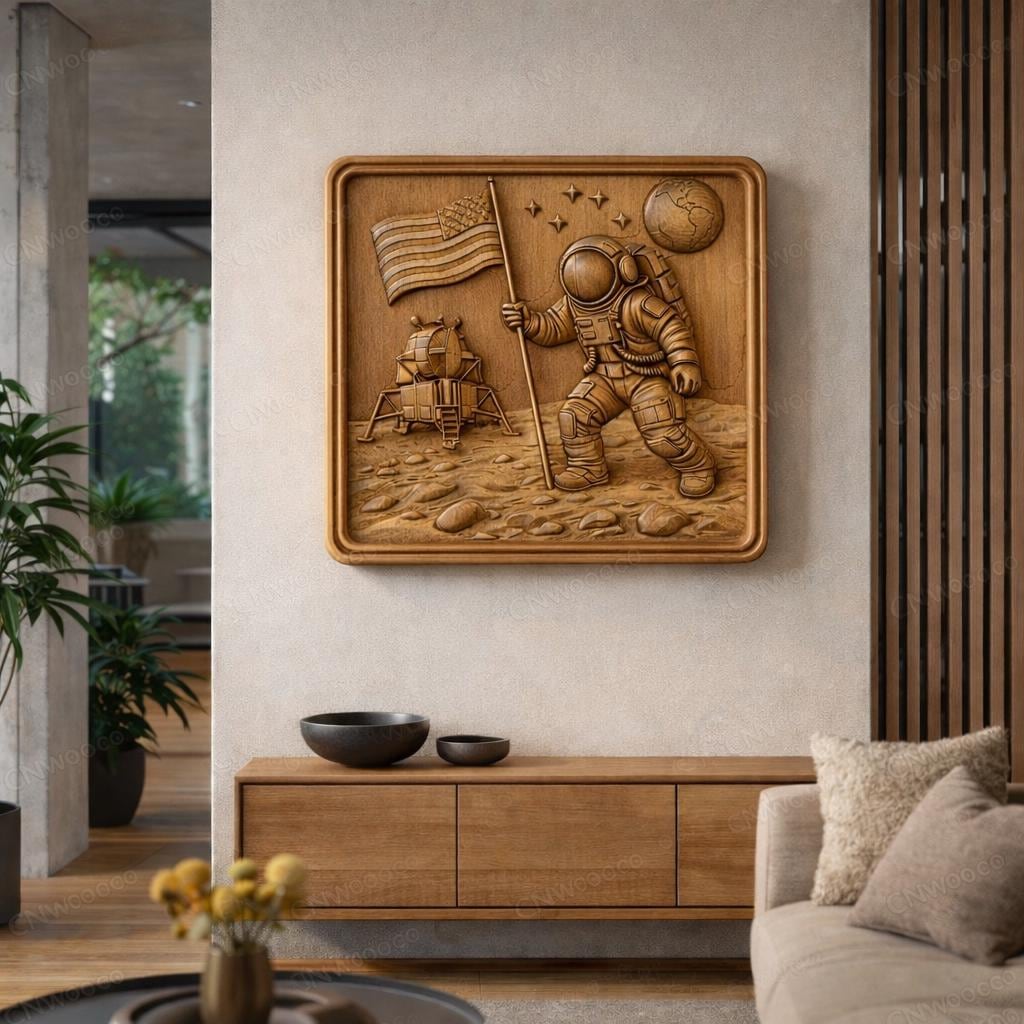 CNC-Astronautenlandung Datei, Mond Holz Flachrelief, Weltraum Wanddekoration, Zierpaneel, 3D Gravur STL-Modell