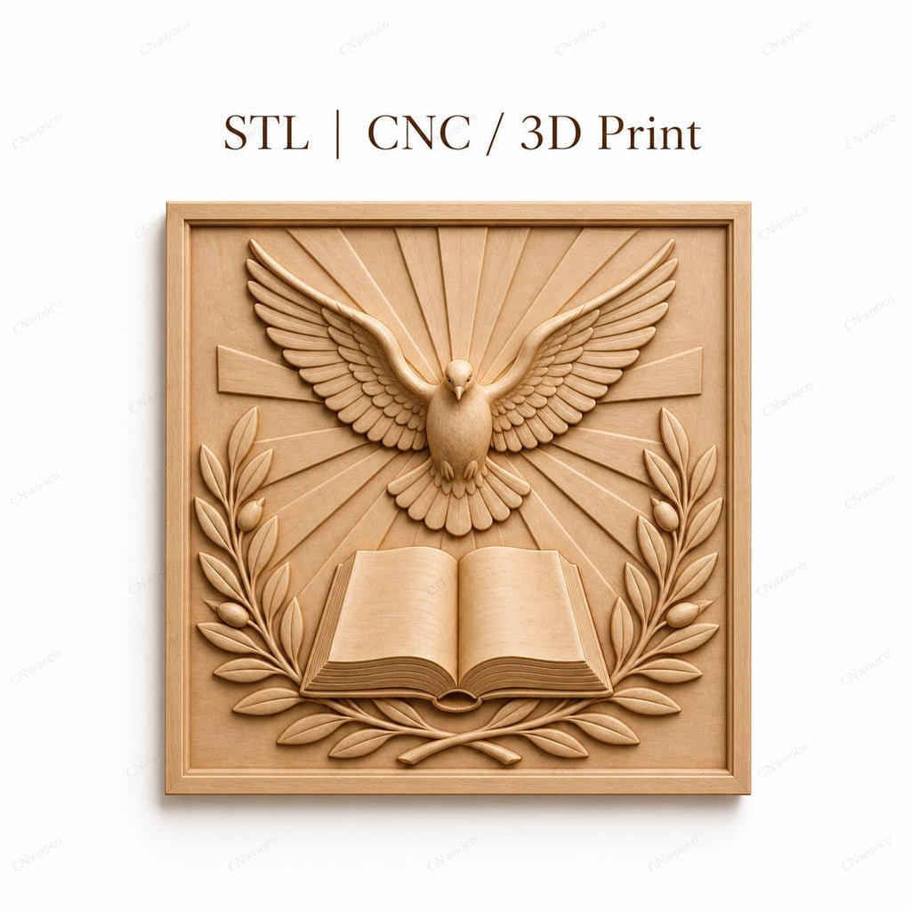 CNC & impression 3D relief colombe Saint-Esprit avec livre ouvert, fichier STL très haute qualité
