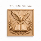 CNC & impression 3D relief colombe Saint-Esprit avec livre ouvert, fichier STL très haute qualité