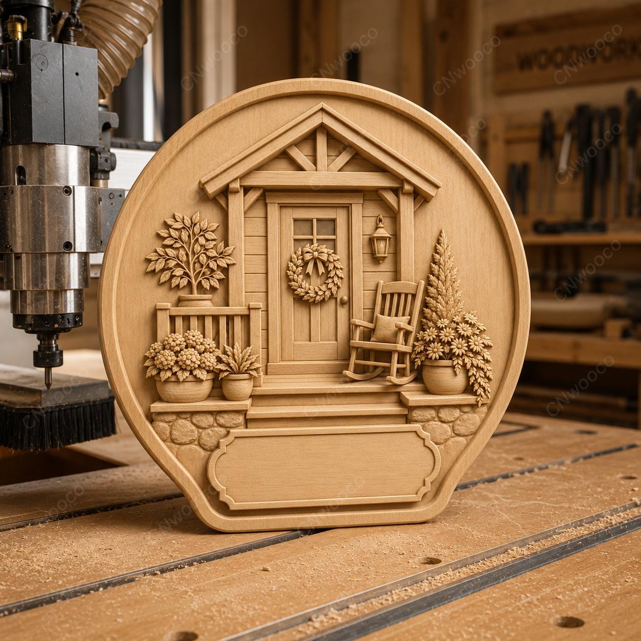 CNC- und 3D-Reliefdruck Haus mit Blumenveranda, Wohndekor-Datei für Holzgravur, hochwertiges STL, zum Anpassen