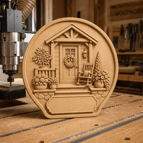 CNC & impression 3D relief maison avec porche fleuri, fichier home decor pour gravure bois, STL de haute qualité, à personnaliser