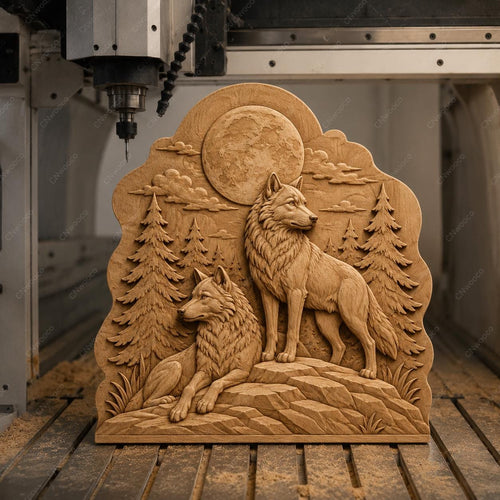 CNC & impression 3D relief loups dans la forêt avec lune, décoration wildlife pour gravure bois, STL de haute qualité