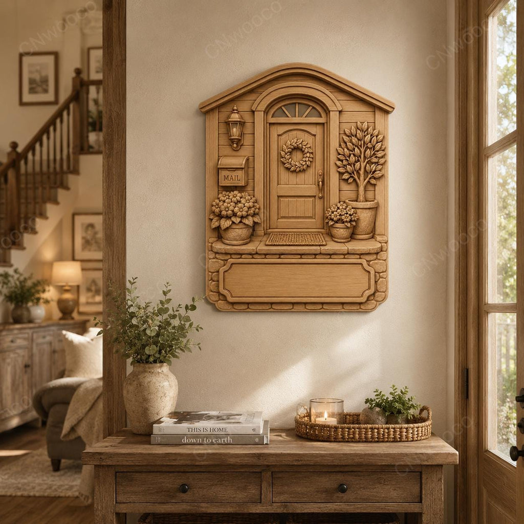 CNC- & 3D-Reliefdruck Hauseingang mit Tür und Blumen, Deko-Schild zum Holzschnitzen, hochwertiges STL, anpassbar