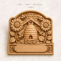 CNC & 3D-Druck, Bienenstock-Relief mit Bienen und Sonnenblumen, Imker-Schild für Holzgravur, hochwertige STL, anpassbar