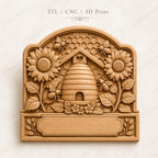 CNC & 3D-Druck, Bienenstock-Relief mit Bienen und Sonnenblumen, Imker-Schild für Holzgravur, hochwertige STL, anpassbar