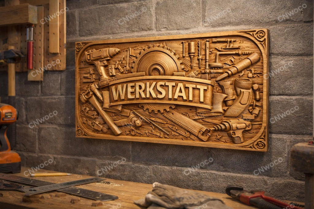 Fichier CNC panneau Werkstatt atelier, bas-relief outils bois, décoration murale workshop, modèle gravure 3D STL