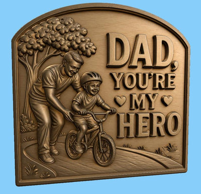 CNC & impression 3D relief papa héros avec enfant à vélo, fichier STL très haute qualité