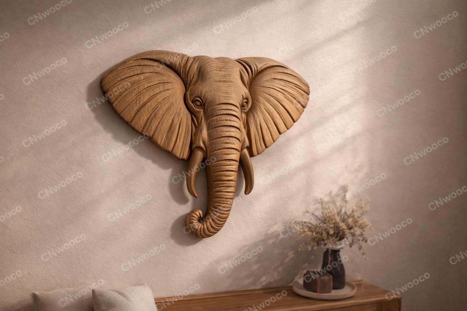 CNC Datei Elefant Safari, Holzrelief afrikanischer Kopf, Tierwanddekoration, rustikale Holzskulptur, 3D STL Gravurmodell