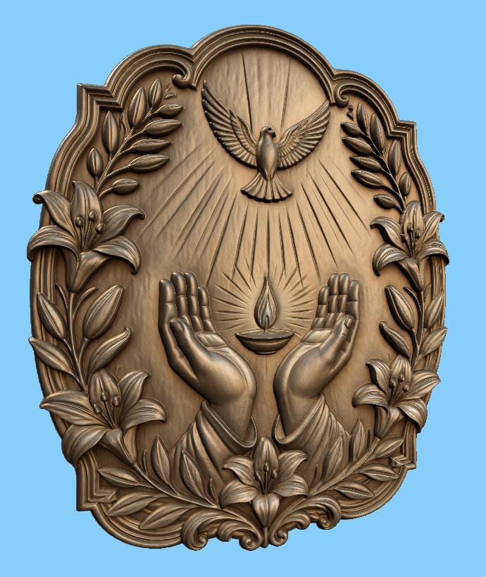CNC & impression 3D relief mains avec lampe, colombe et lys, fichier STL très haute qualité