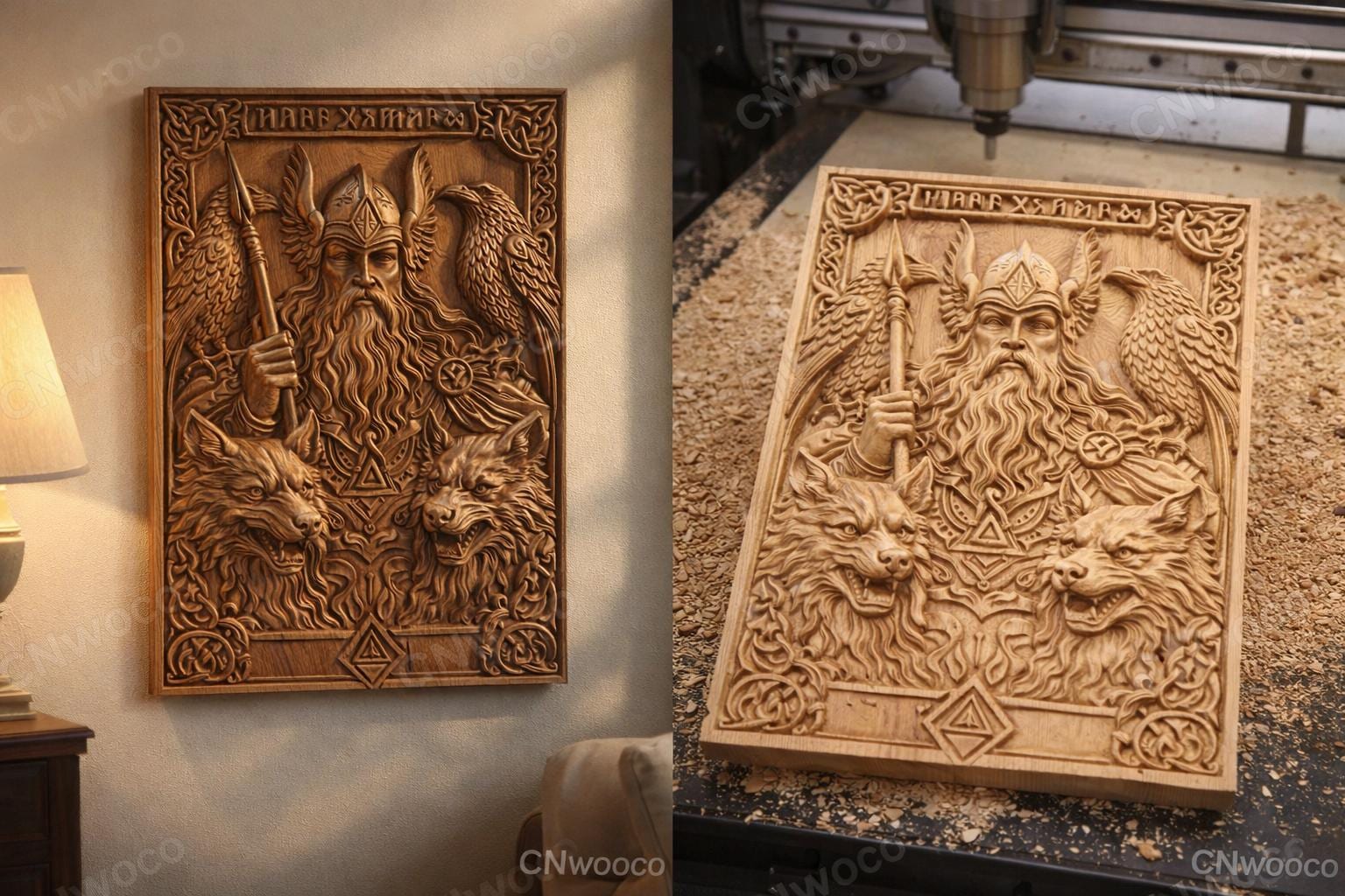 Fichier CNC Odin viking loups corbeaux, bas-relief bois mythologie nordique, décoration murale, modèle gravure 3D STL