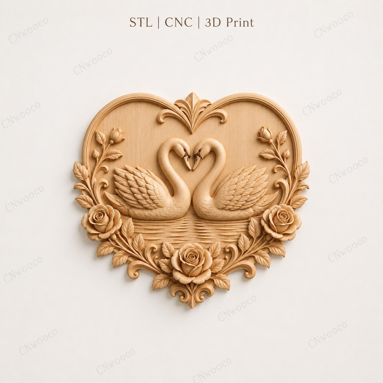 CNC & impression 3D cygnes amoureux dans cœur avec roses, fichier STL très haute qualité