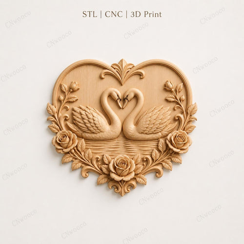 CNC & impression 3D cygnes amoureux dans cœur avec roses, fichier STL très haute qualité