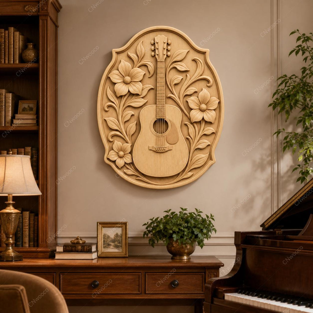 CNC & impression 3D relief guitare acoustique avec fleurs, décor musique, fichier STL très haute qualité