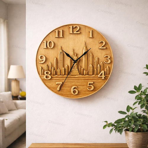 Fichier CNC horloge skyline New York – bas-relief Statue de la Liberté pour sculpture bois, décoration murale STL