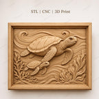 CNC- und 3D-Druck-Relief Meeresschildkröten, Ozean-Tierwelt-Datei für Holzgravur, hochwertige STL