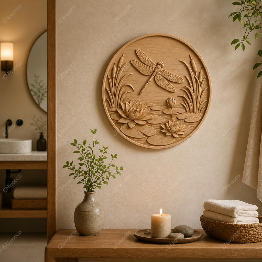 CNC & impression 3D relief libellule avec lotus et nénuphars, décor nature, fichier STL très haute qualité