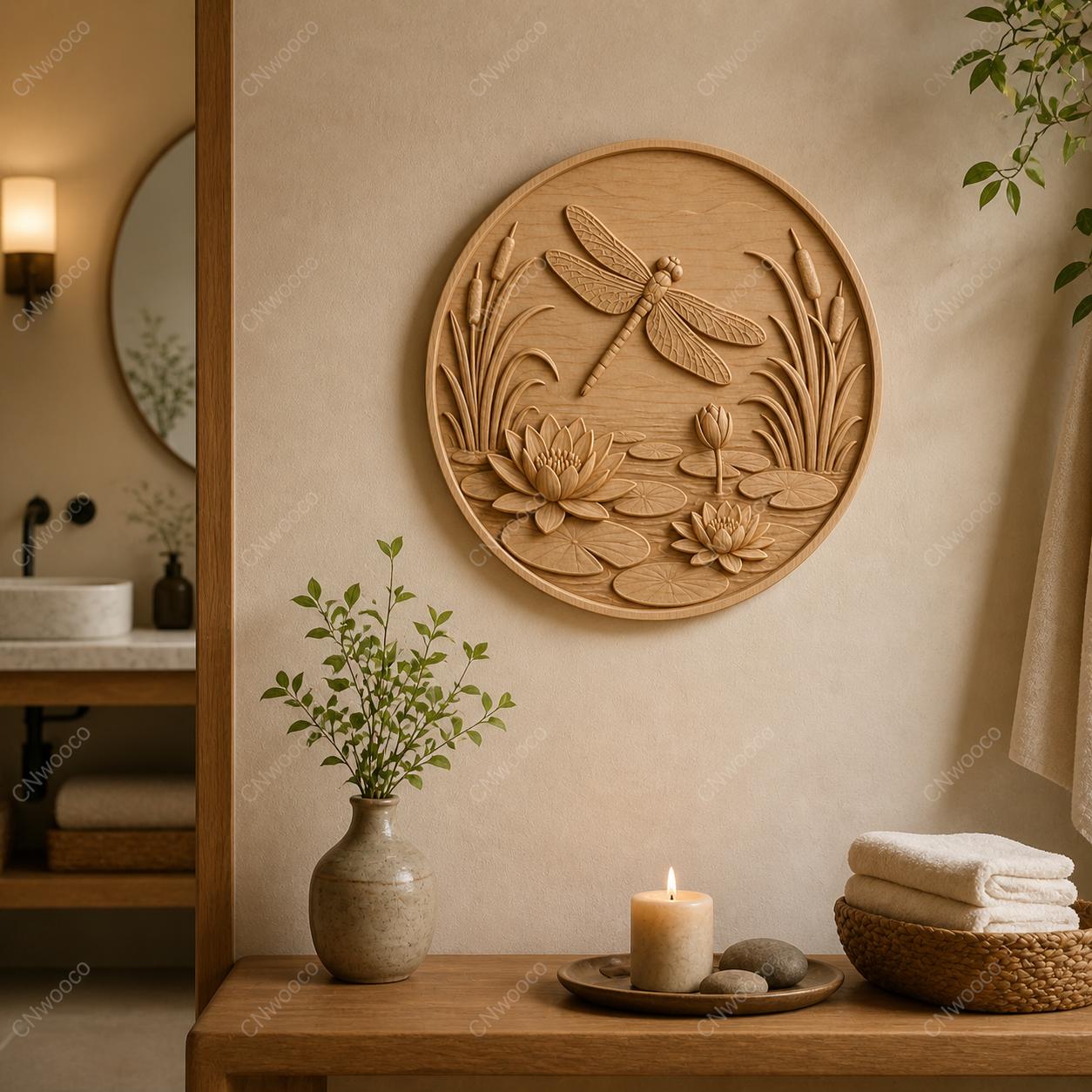 CNC & impression 3D relief libellule avec lotus et nénuphars, décor nature, fichier STL très haute qualité