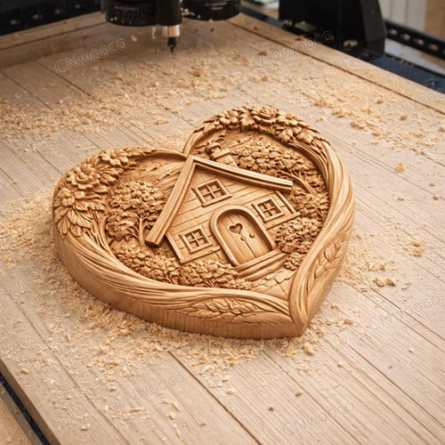 Fichier CNC cottage cœur romantique, bas-relief bois, décoration murale amour, modèle gravure 3D STL