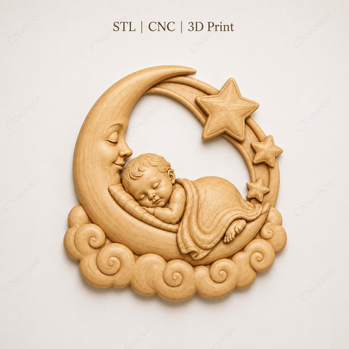 CNC & impression 3D bébé endormi sur lune avec étoiles, fichier STL très haute qualité