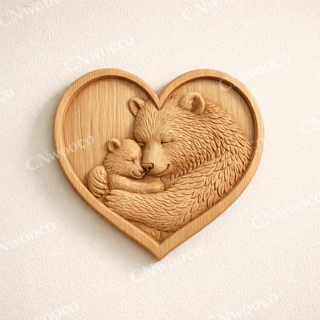 Fichier CNC cœur famille ours – bas-relief mère et ourson pour sculpture bois, décoration murale nature STL