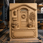 CNC- & 3D-Reliefdruck Hauseingang mit Tür und Blumen, Deko-Schild zum Holzschnitzen, hochwertiges STL, anpassbar