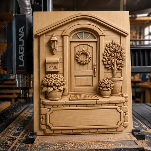 CNC & impression 3D relief entrée de maison avec porte et fleurs, plaque décorative pour gravure bois, STL de haute qualité, à personnaliser