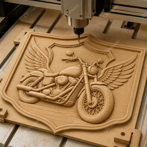 CNC & impression 3D relief moto custom avec ailes, décor biker garage, fichier STL très haute qualité