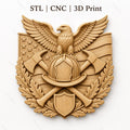 CNC & impression 3D pompier avec aigle casque et haches, STL haute qualité pour sculpture bois, combattant du feu relief