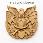 CNC & impression 3D pompier avec aigle casque et haches, STL haute qualité pour sculpture bois, combattant du feu relief