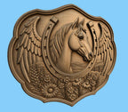 CNC & impression 3D relief cheval avec fer à cheval, ailes et fleurs, fichier STL très haute qualité
