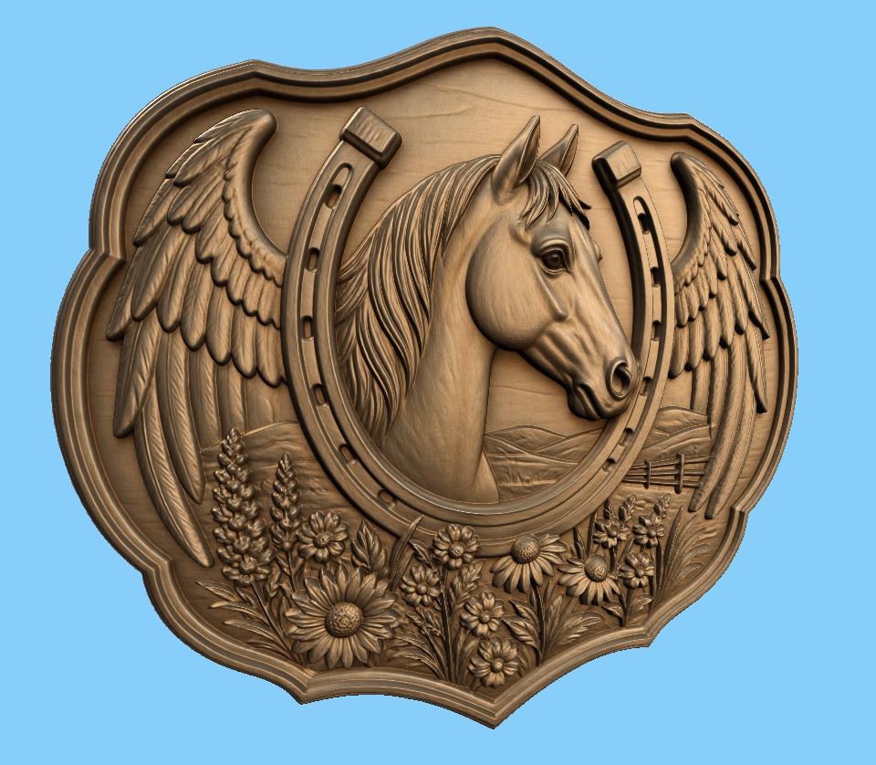 CNC & impression 3D relief cheval avec fer à cheval, ailes et fleurs, fichier STL très haute qualité