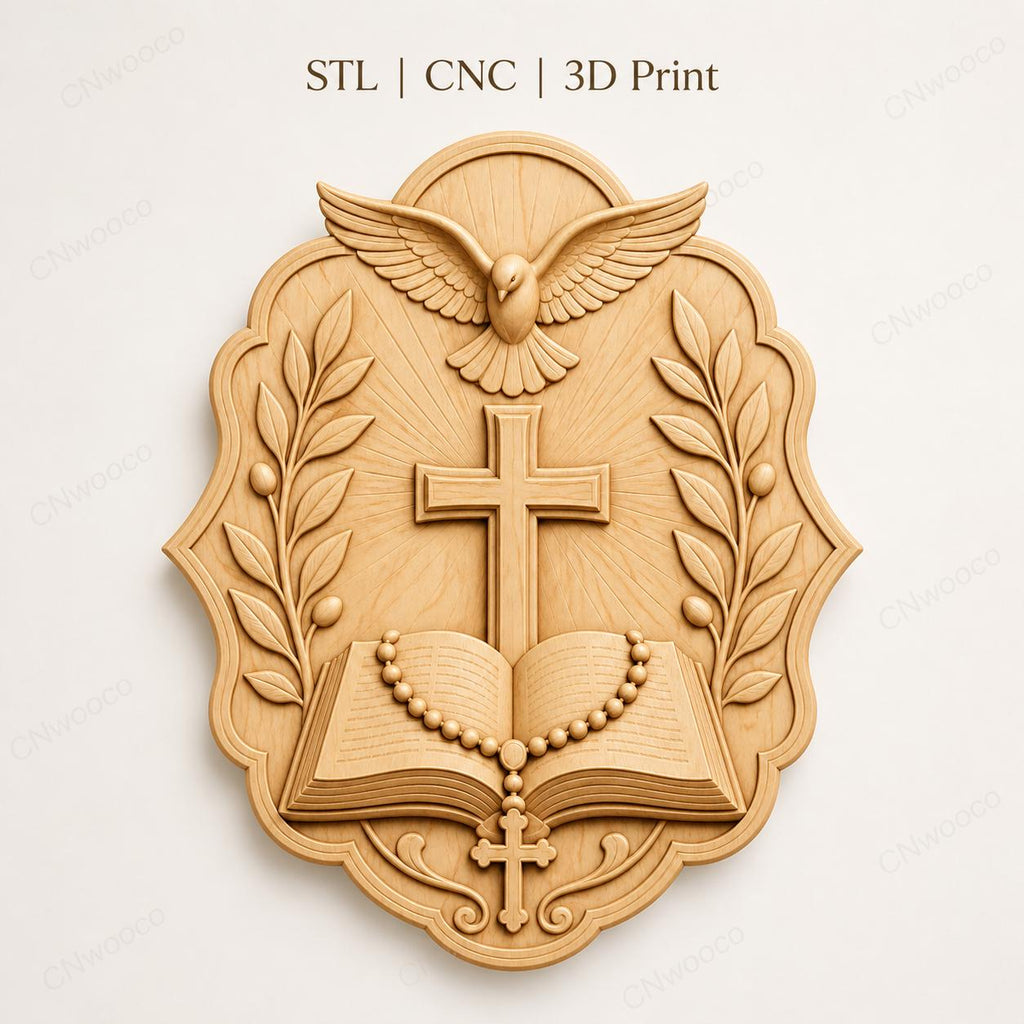 CNC & impression 3D croix avec Bible colombe et chapelet, STL haute qualité pour sculpture bois