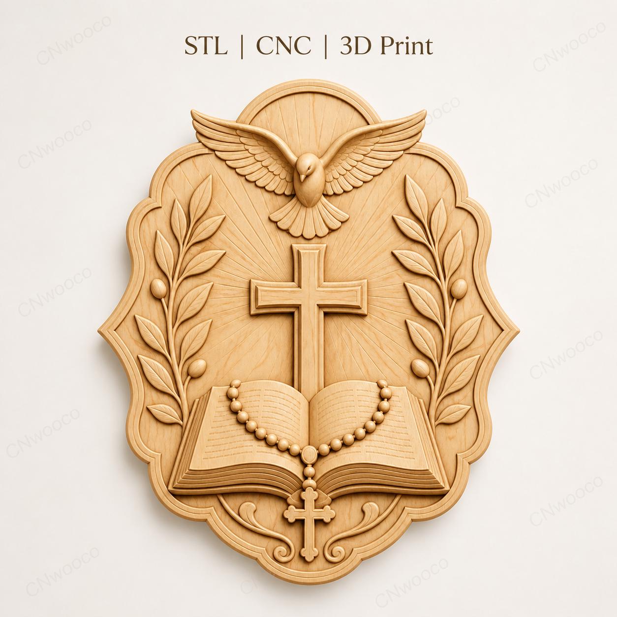 CNC & impression 3D croix avec Bible colombe et chapelet, STL haute qualité pour sculpture bois