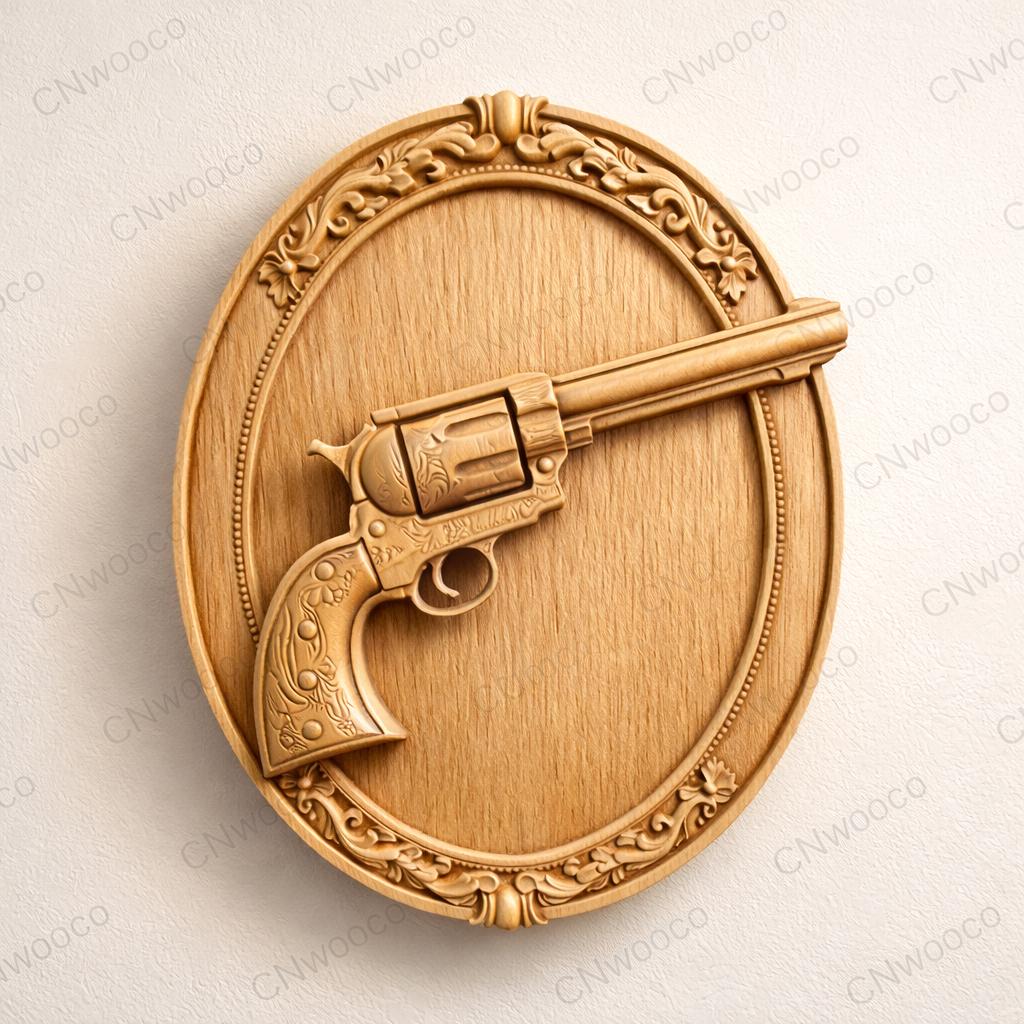 Fichier CNC revolver western vintage, bas-relief bois ovale, décoration murale cowboy, sculpture bois, modèle gravure 3D STL