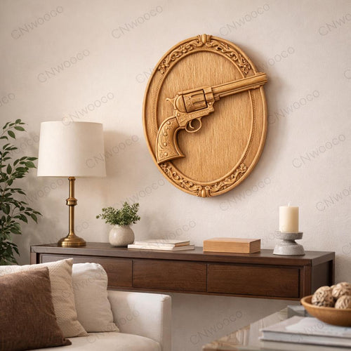 Fichier CNC revolver western vintage, bas-relief bois ovale, décoration murale cowboy, sculpture bois, modèle gravure 3D STL