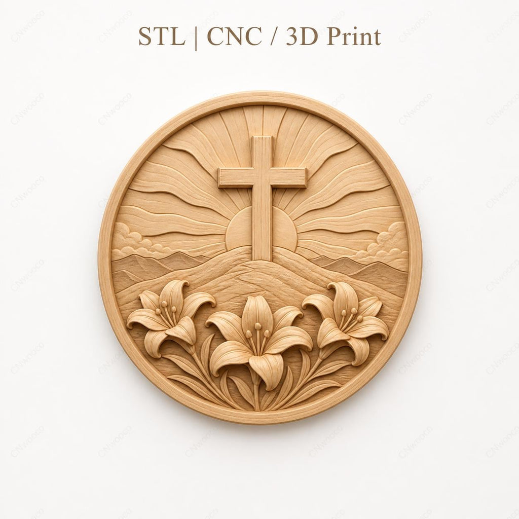 CNC & impression 3D relief croix chrétienne avec lys et soleil levant, fichier STL très haute qualité