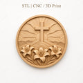 CNC & impression 3D relief croix chrétienne avec lys et soleil levant, fichier STL très haute qualité