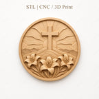 CNC & impression 3D relief croix chrétienne avec lys et soleil levant, fichier STL très haute qualité