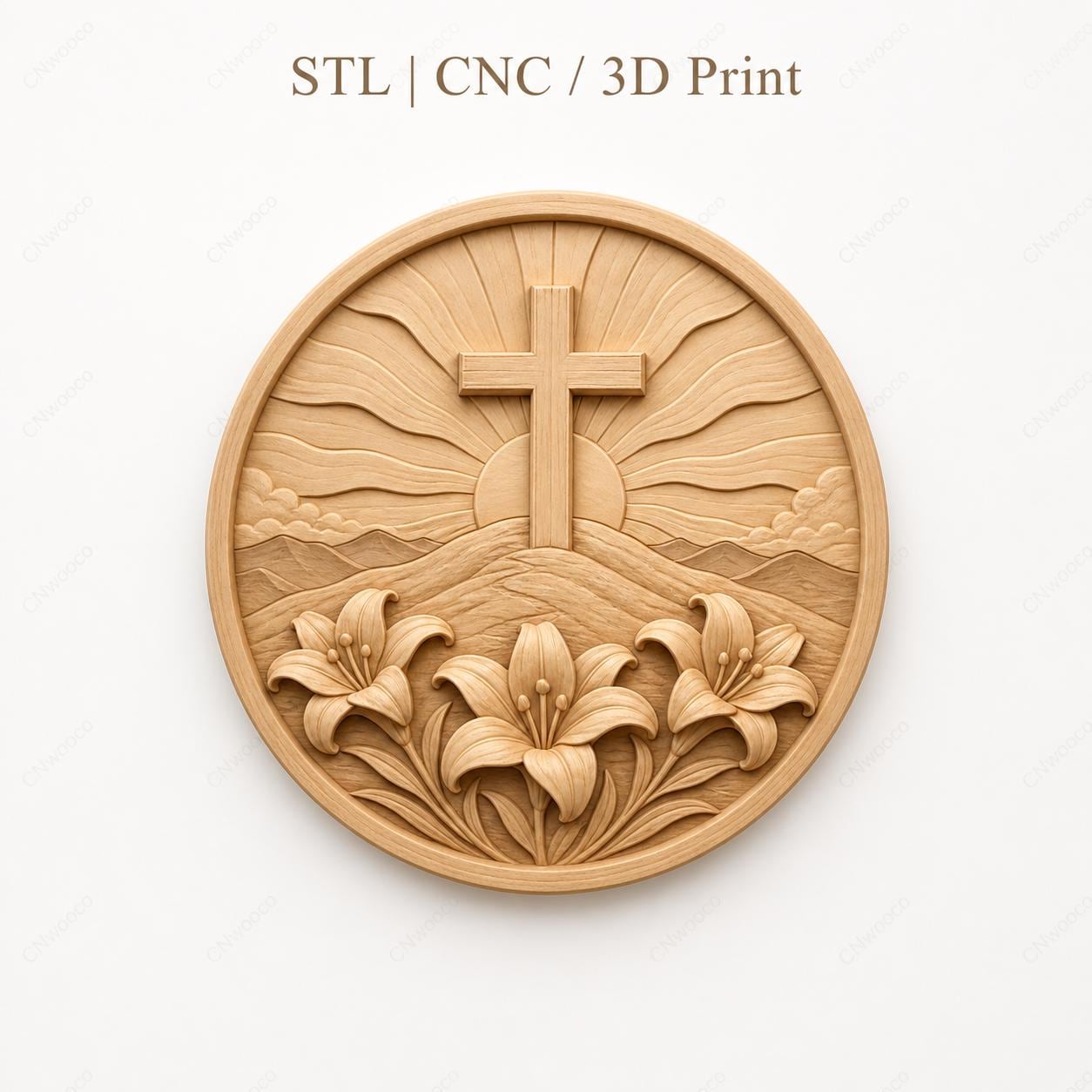 CNC & impression 3D relief croix chrétienne avec lys et soleil levant, fichier STL très haute qualité